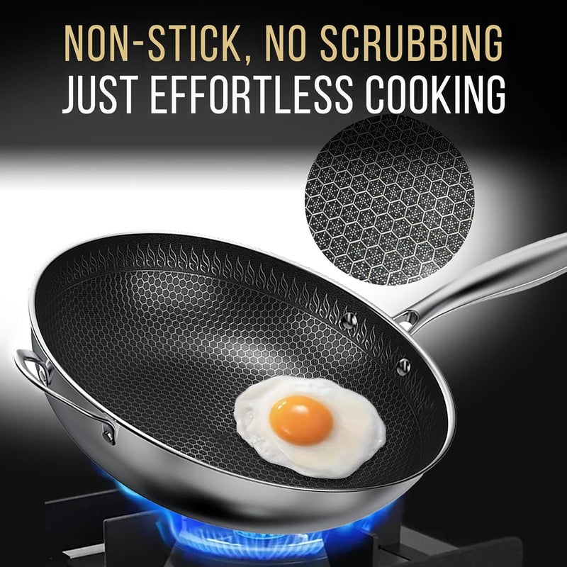 MUGAA 12.5” Nonstick Stainless Steel Wok Pan with Lid | Tri-Ply Honeycomb Hybrid Stir-Fry Pan | Nonstick Woks & Stir-Fry Pans | PFOA-Free, Induction, Dishwasher & Oven Safe - Image 2